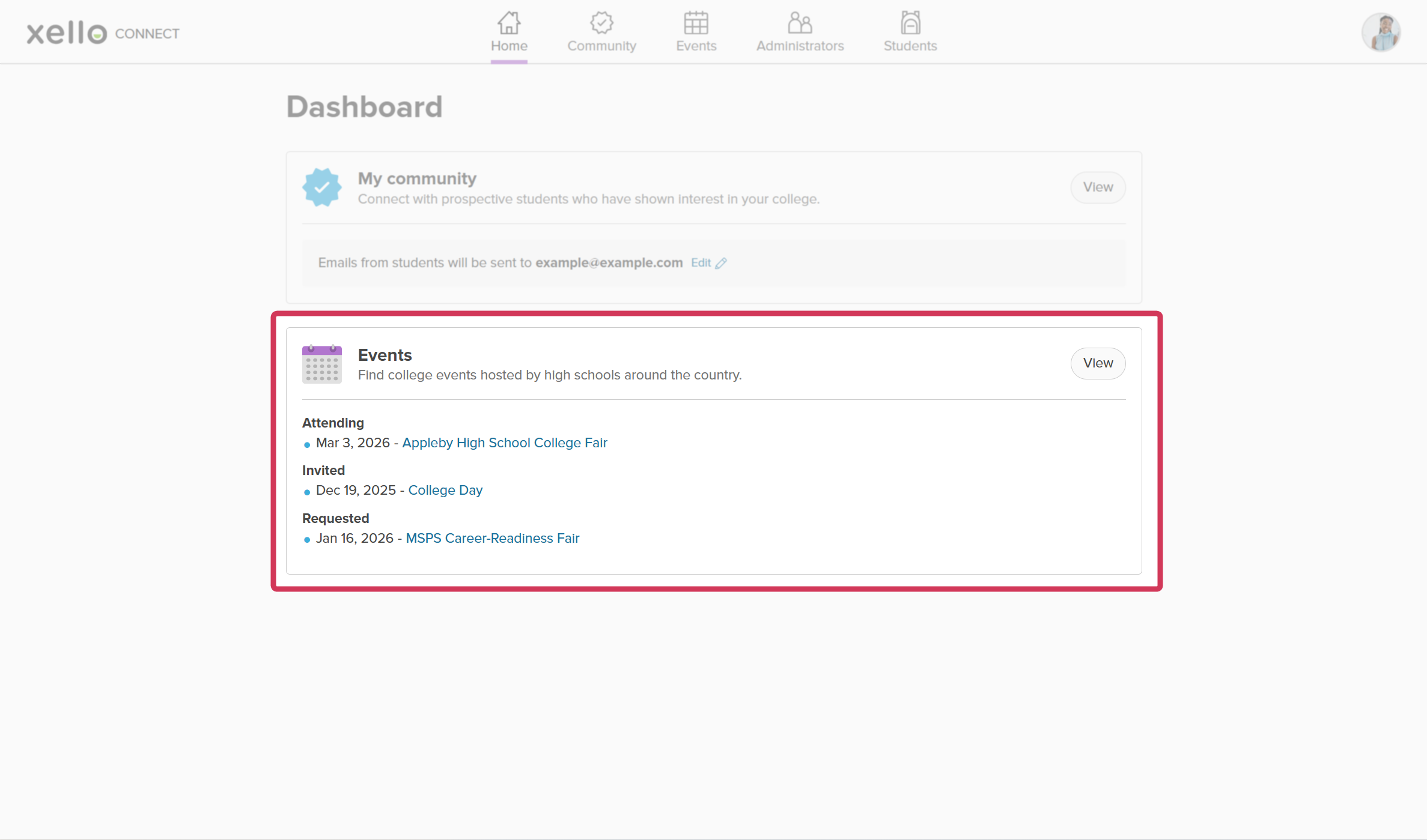 College partner dashboard. The Events section is highlighted.